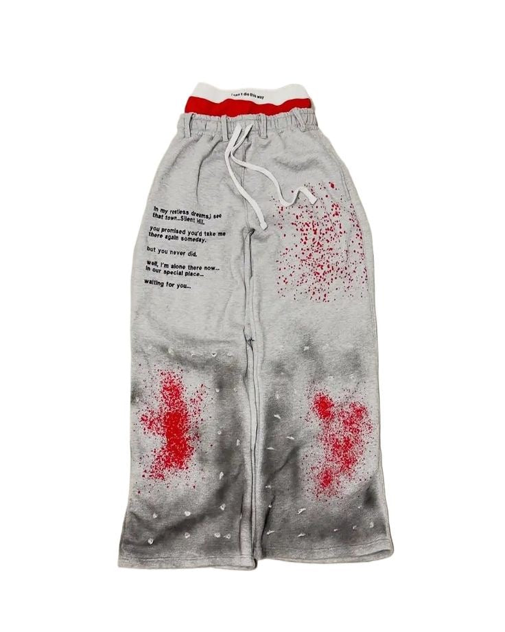 A GRAY RED SPLATTERED DOUBLE WAISTED WIDE LEG JOGGER