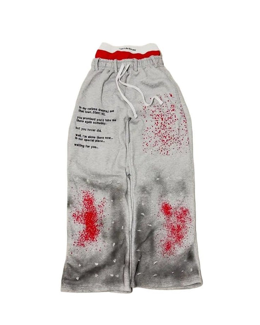 A GRAY RED SPLATTERED DOUBLE WAISTED WIDE LEG JOGGER